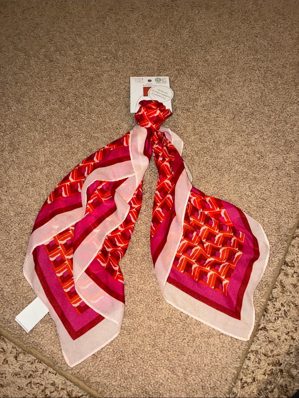Silk-Feel Pink & Red Patterned Fashion Scarf 30 x 30